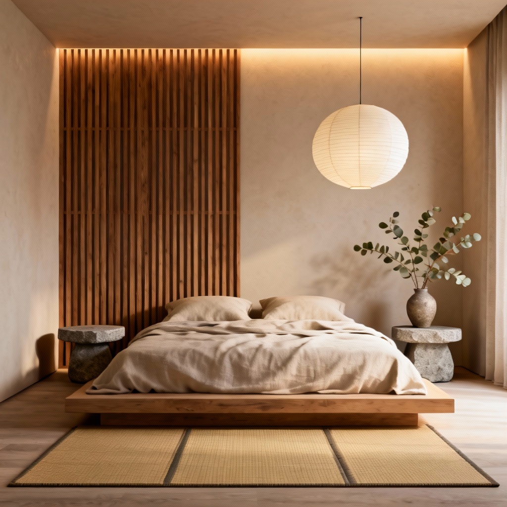 AI Japandi bedroom with oak slat wall and linen bedding