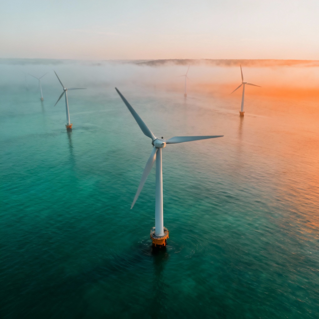 AI modern offshore wind turbines in calm ocean