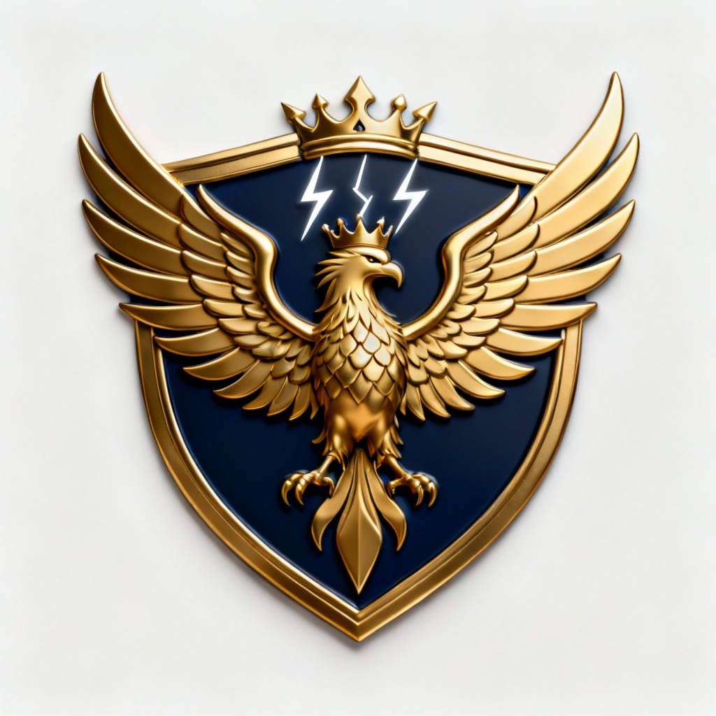 Heraldic phoenix logo with storm clouds and lightning