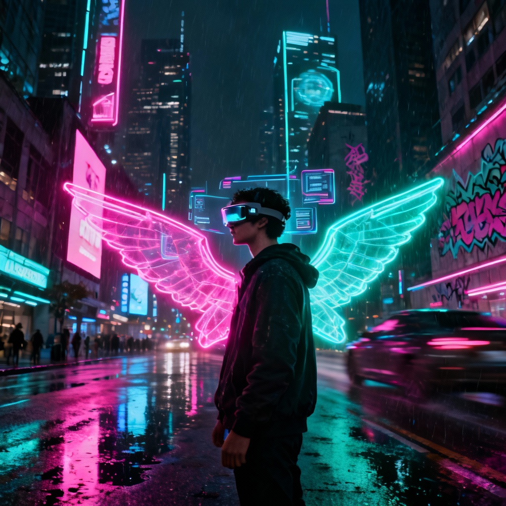 AI cyberpunk character with neon hologram wings