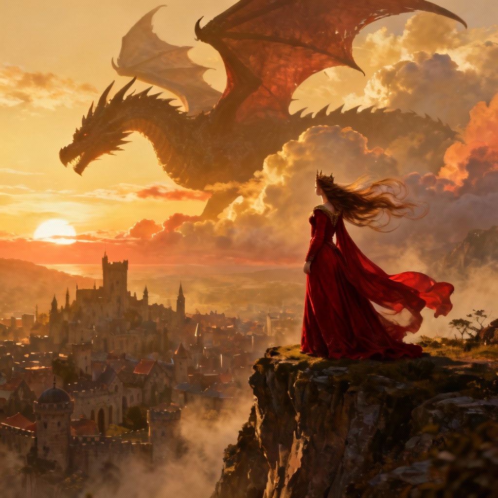 AI dragon queen with dragon silhouette