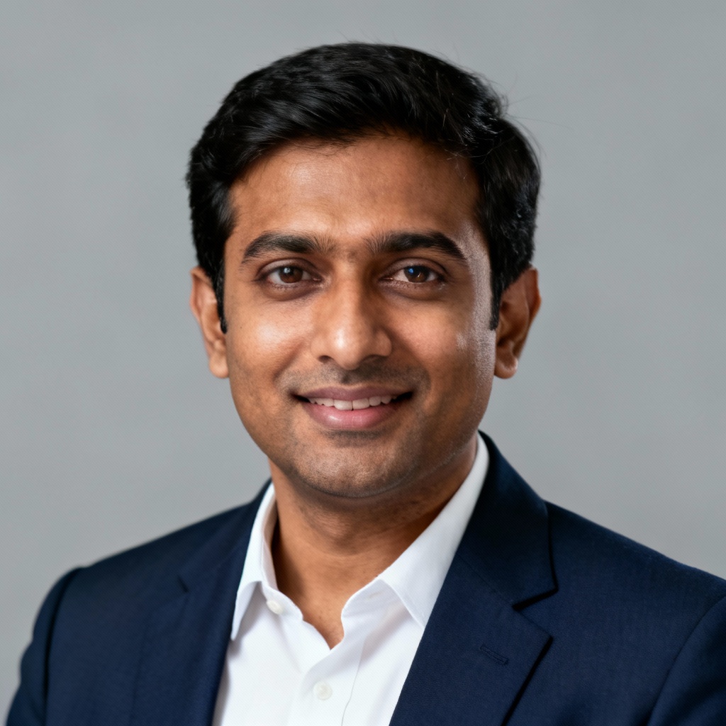 AI Santosh corporate headshot on gray background