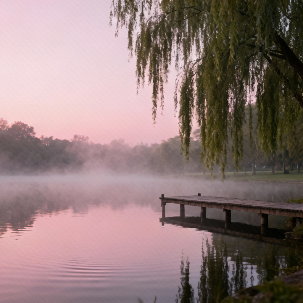 AI dawn mist over a willow-lined lake in a serene park