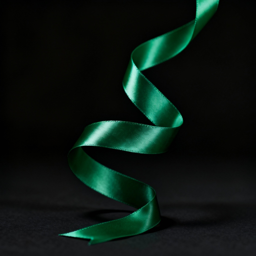Forest green satin ribbon swirling in studio