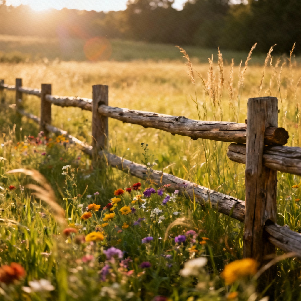 Natural split-rail fence enclosing a meadow with wildflowers