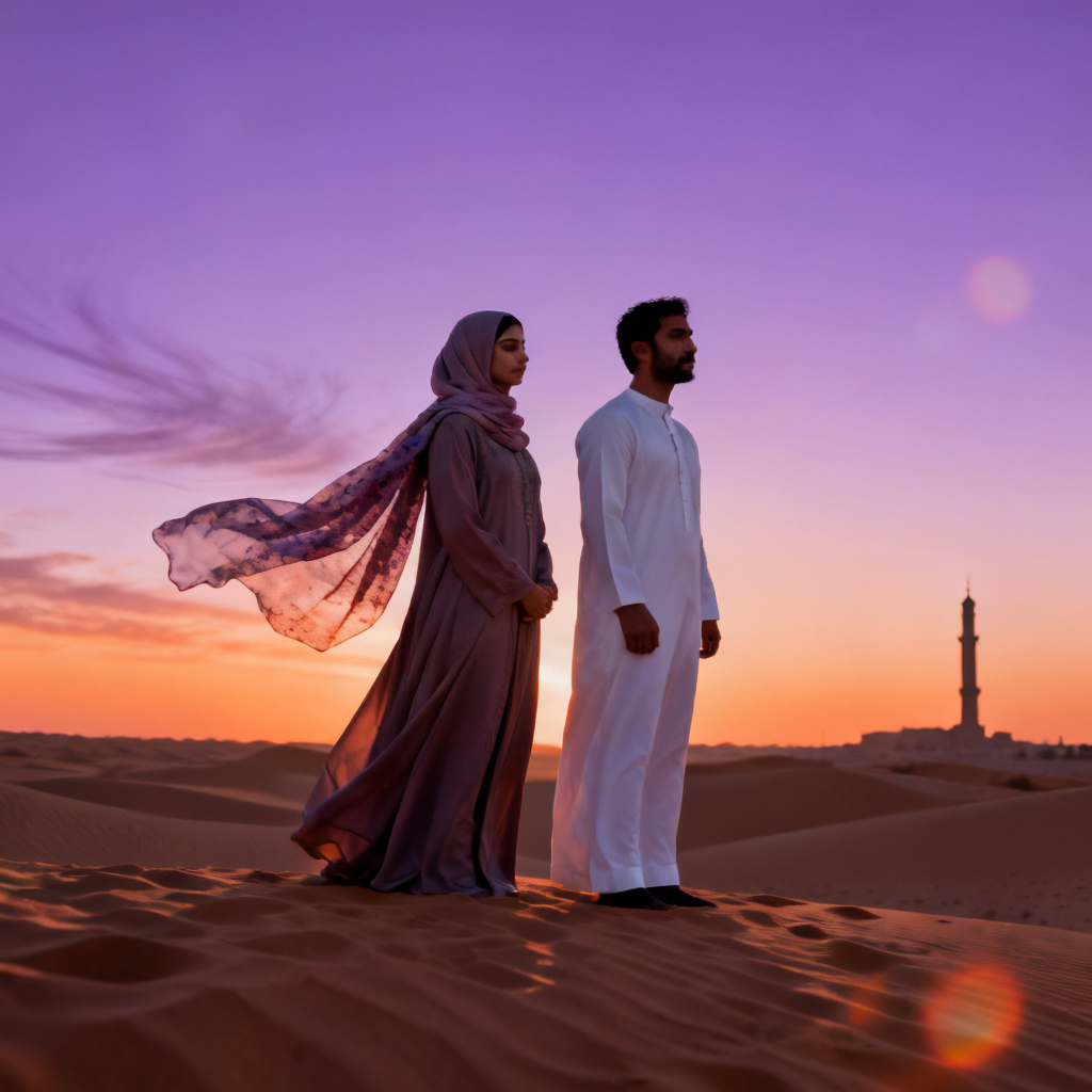AI Muslim couple at desert dunes during dusk