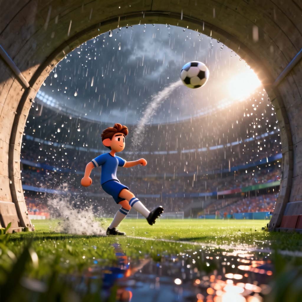AI animated rainy night football free kick