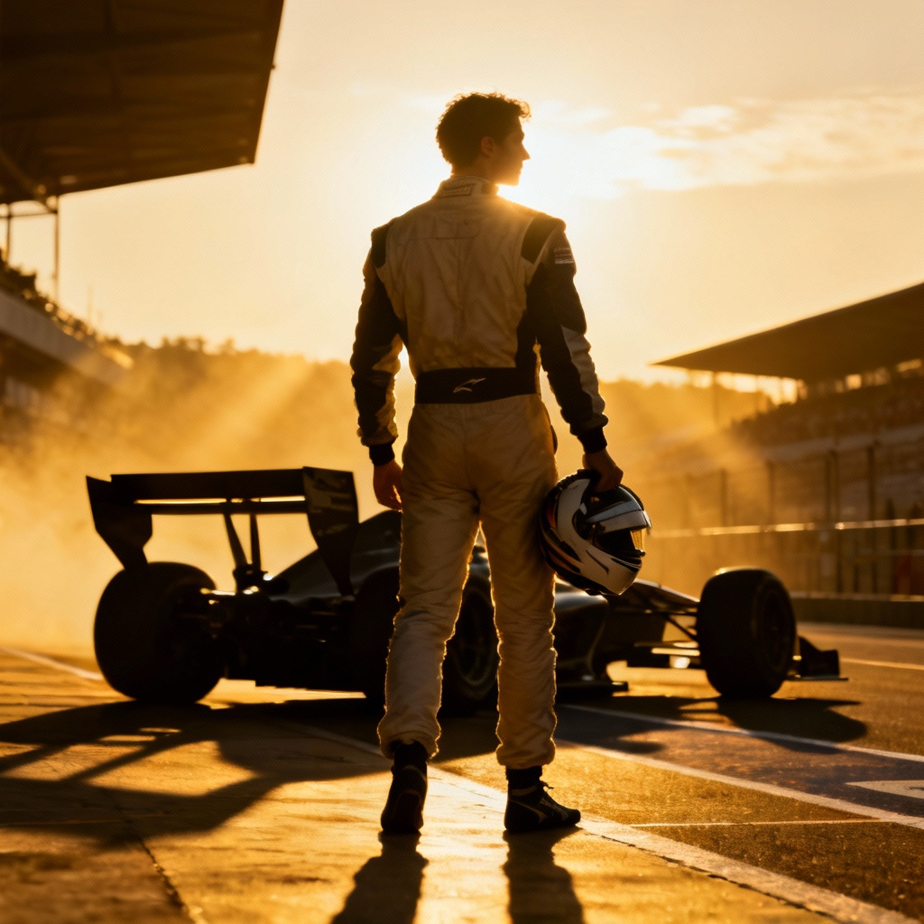 Pembalap open-wheel berdiri di grid dengan mobil di belakang