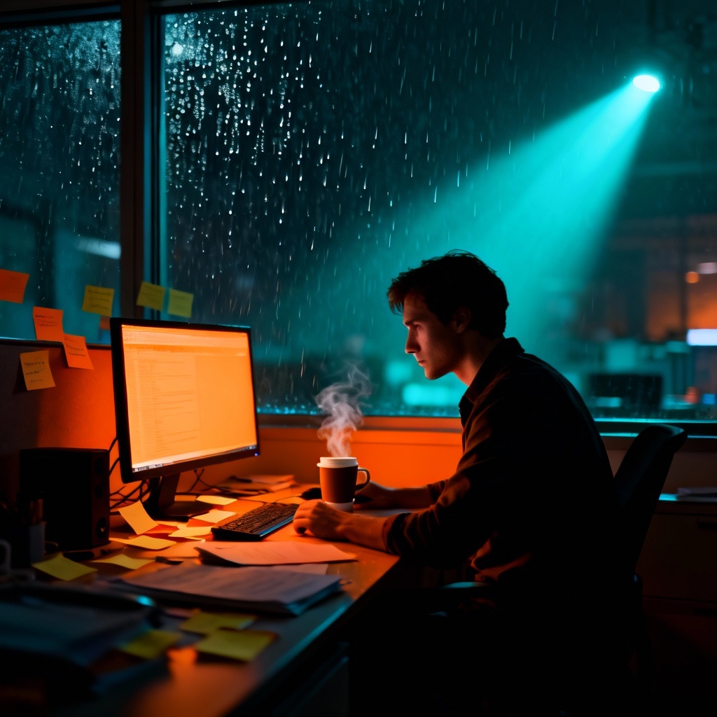 AI work stress illustration of overworked employee at midnight office