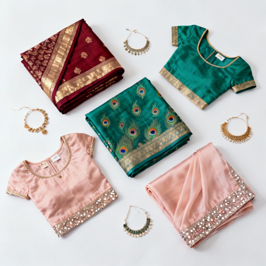 AI saree catalog flat lay with multiple fabrics and motifs