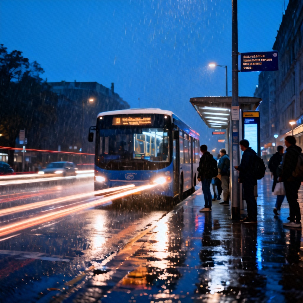 AI blue hour city bus with light trails and rain