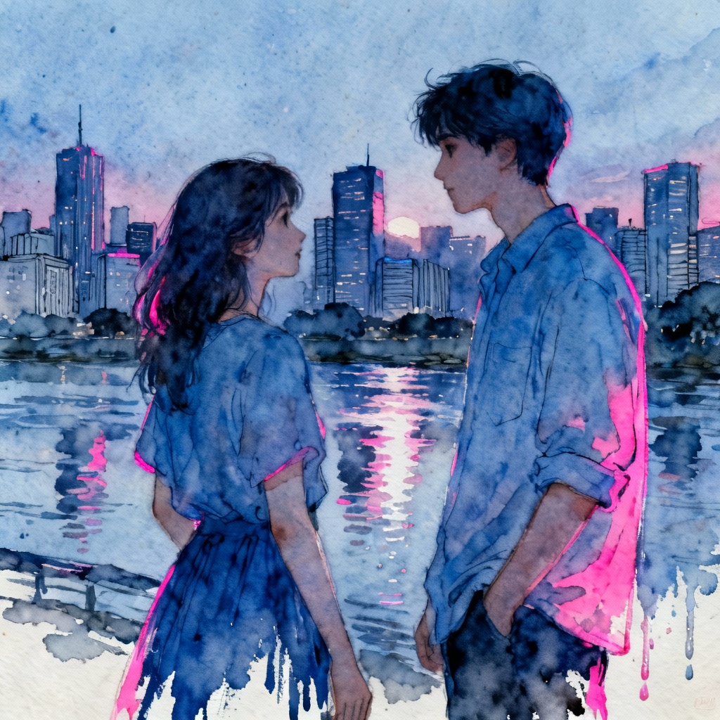 AI Watercolor Couple Urban Skyline