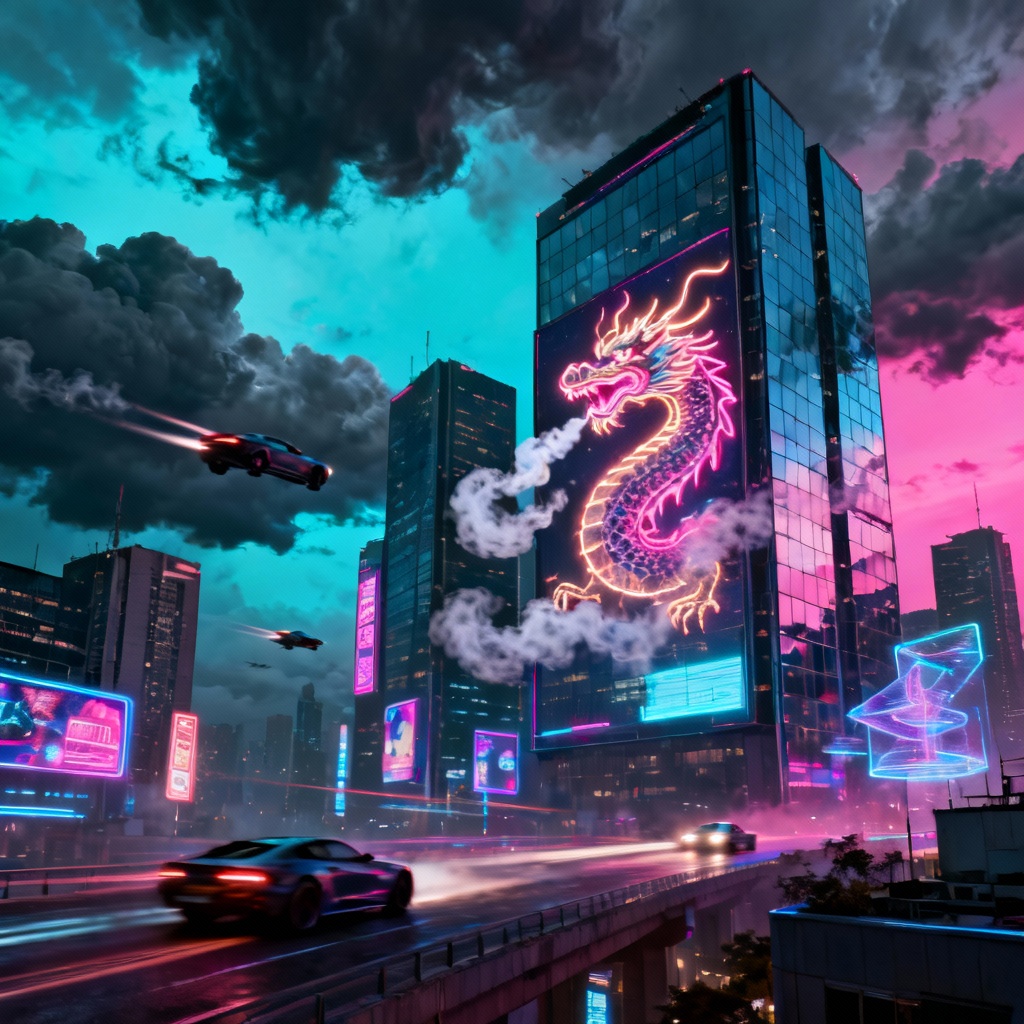 4K cyberpunk city wallpaper with neon dragon billboard