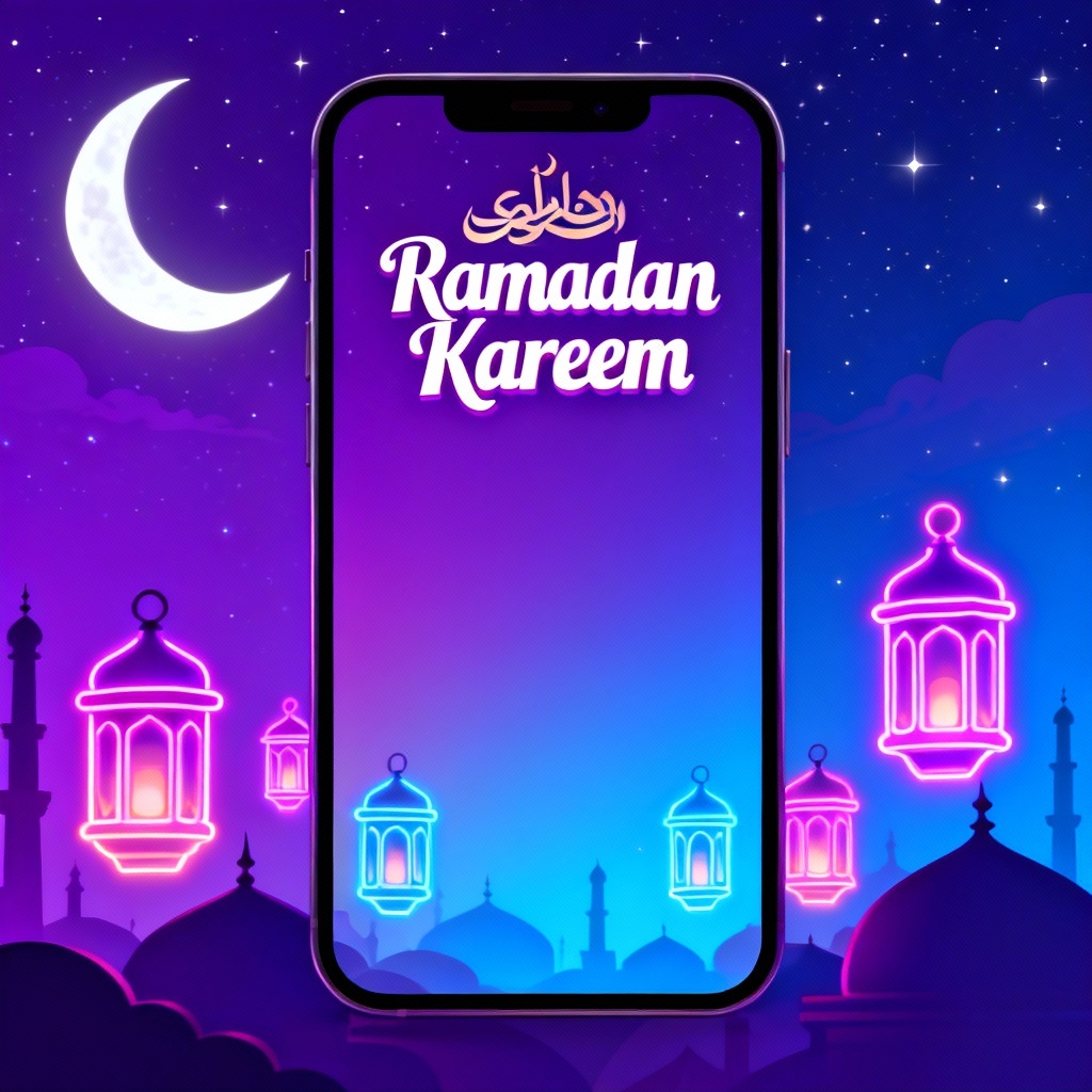 Vertical Ramadan Kareem story template with crescent and lanterns
