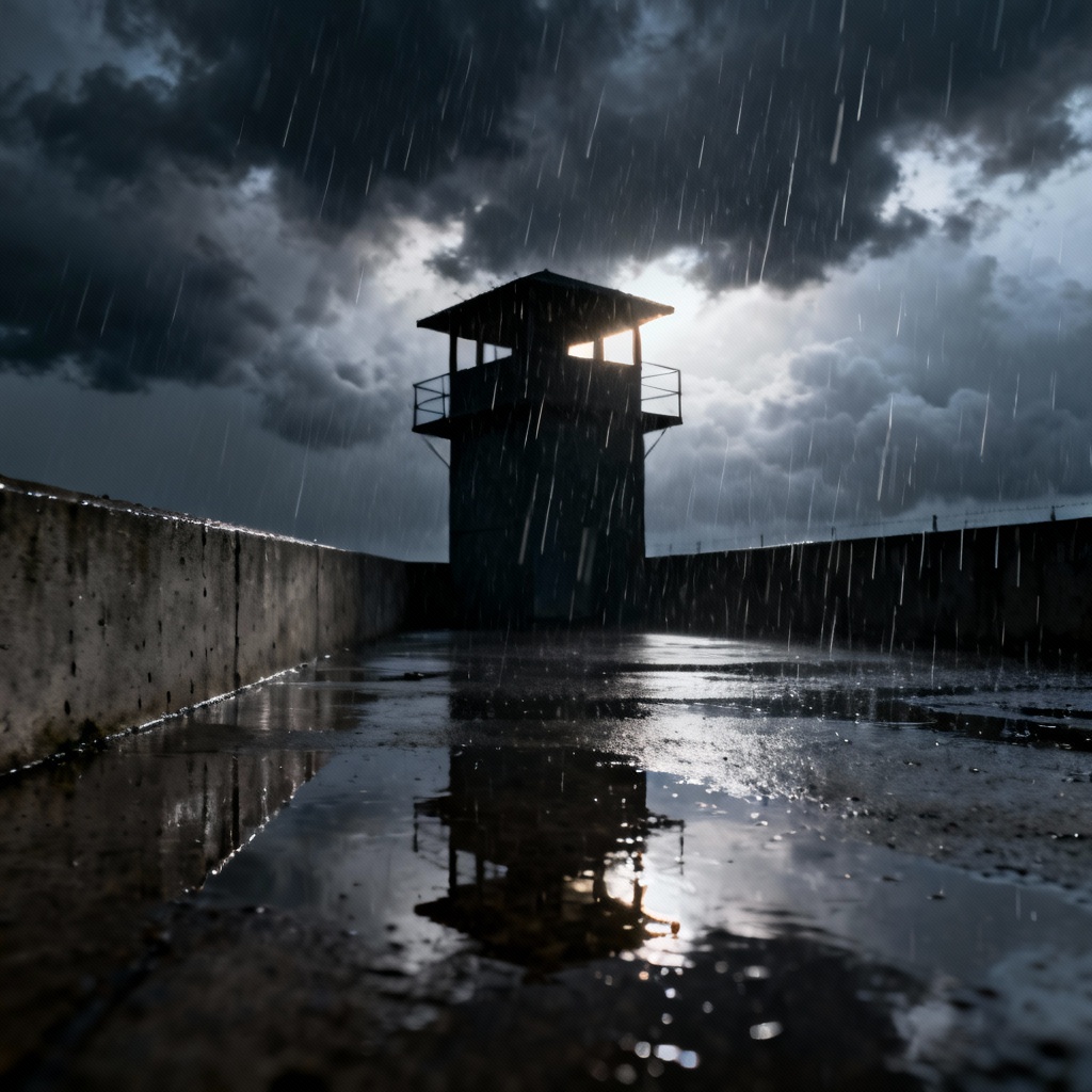 Cinematic rainy prison yard with tower