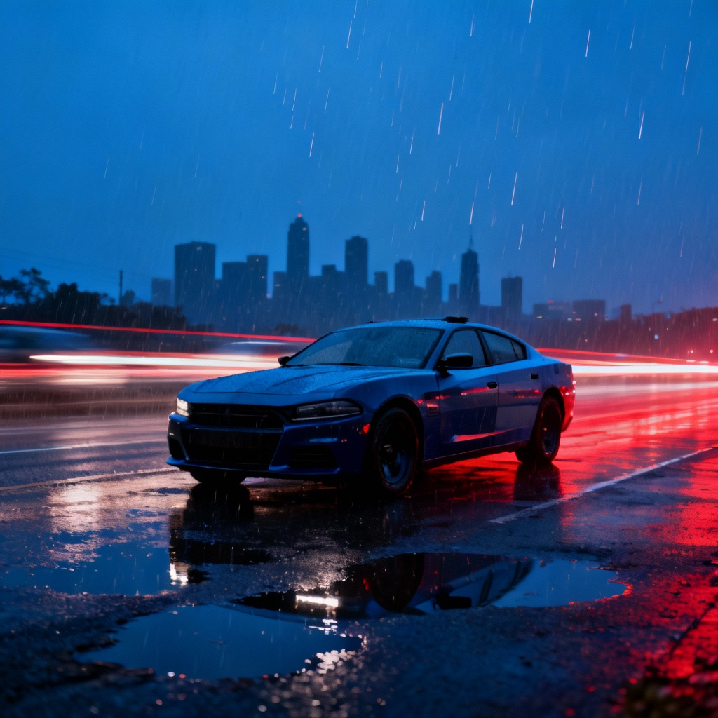 AI police cruiser at night in rain