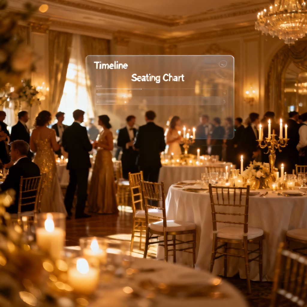 AI evening event planner hero image with ballroom and planning UI