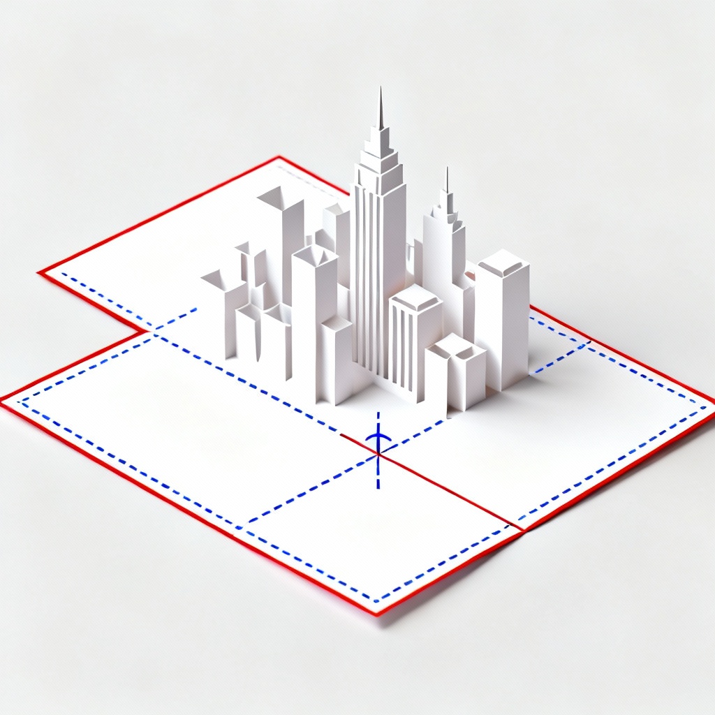 Kirigami pop-up city skyline card with cut and fold guides