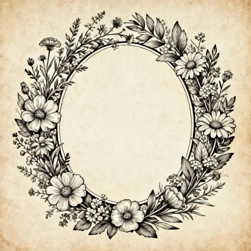 AI vintage ink etched botanical flower wreath