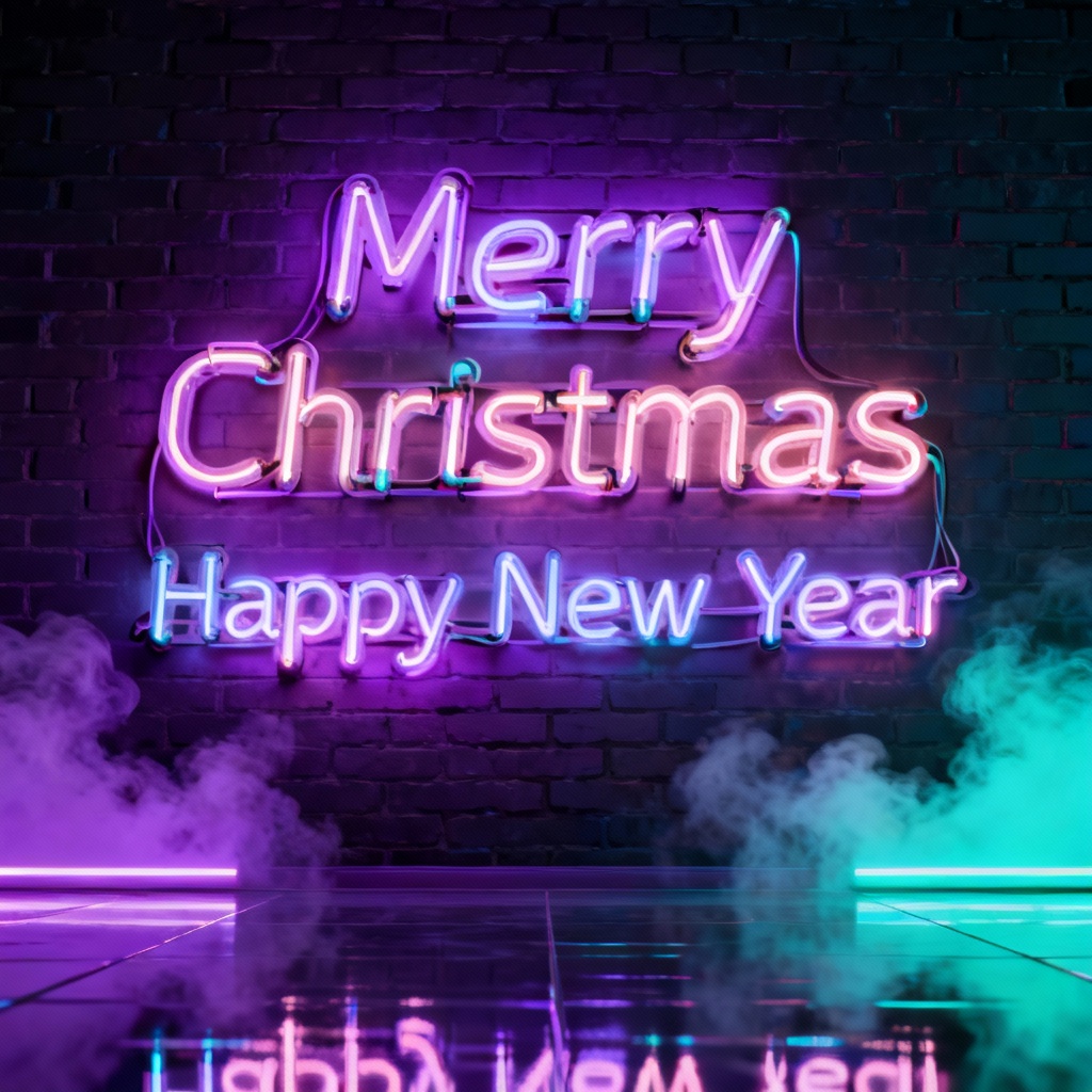 Neon retro 80s Christmas and New Year sign with glowing tubes