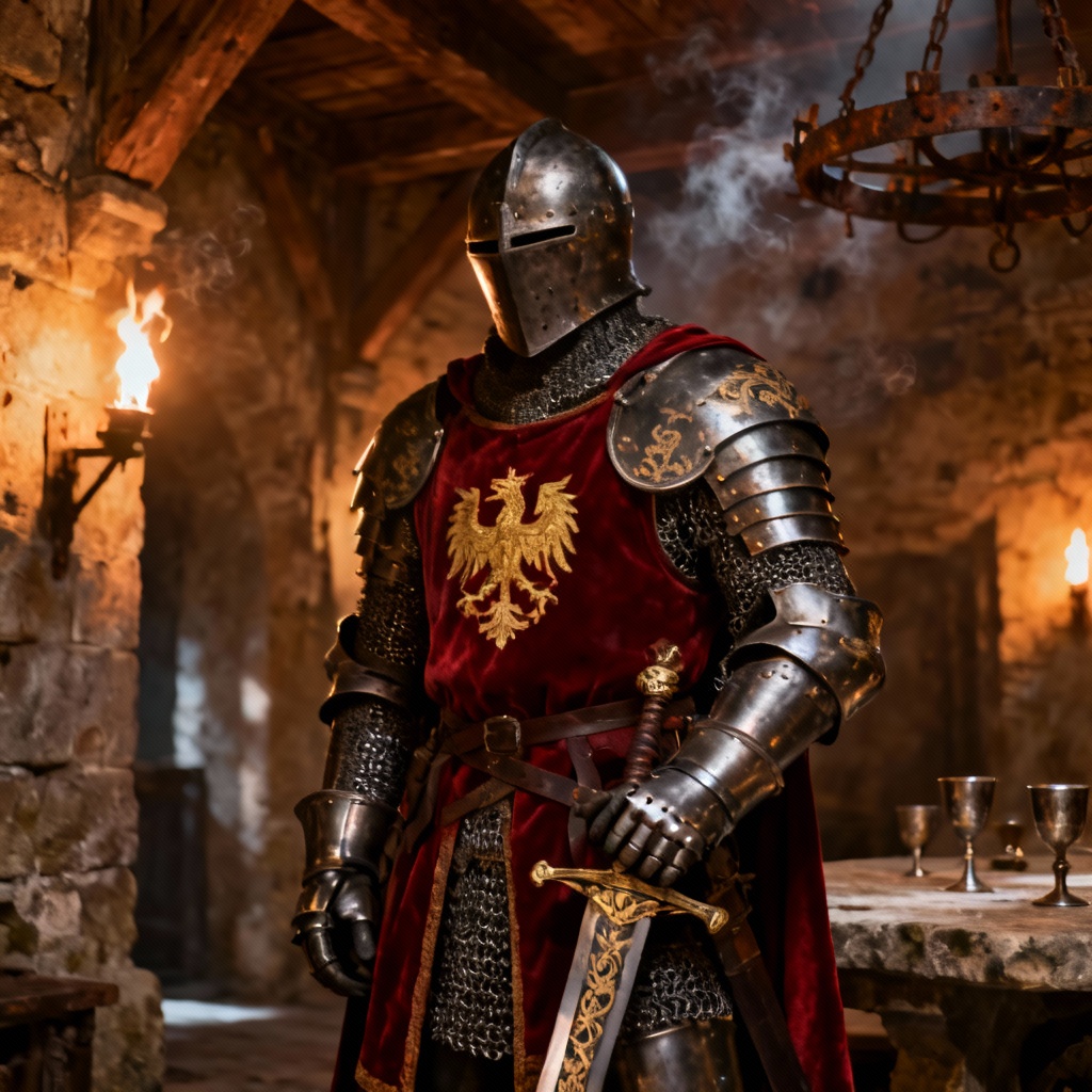 AI medieval noble knight with tabard and heraldry banner