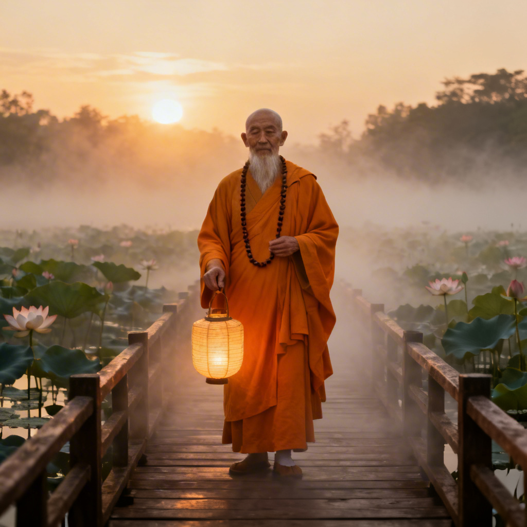AI Zen monk portrait at dawn on a misty bridge