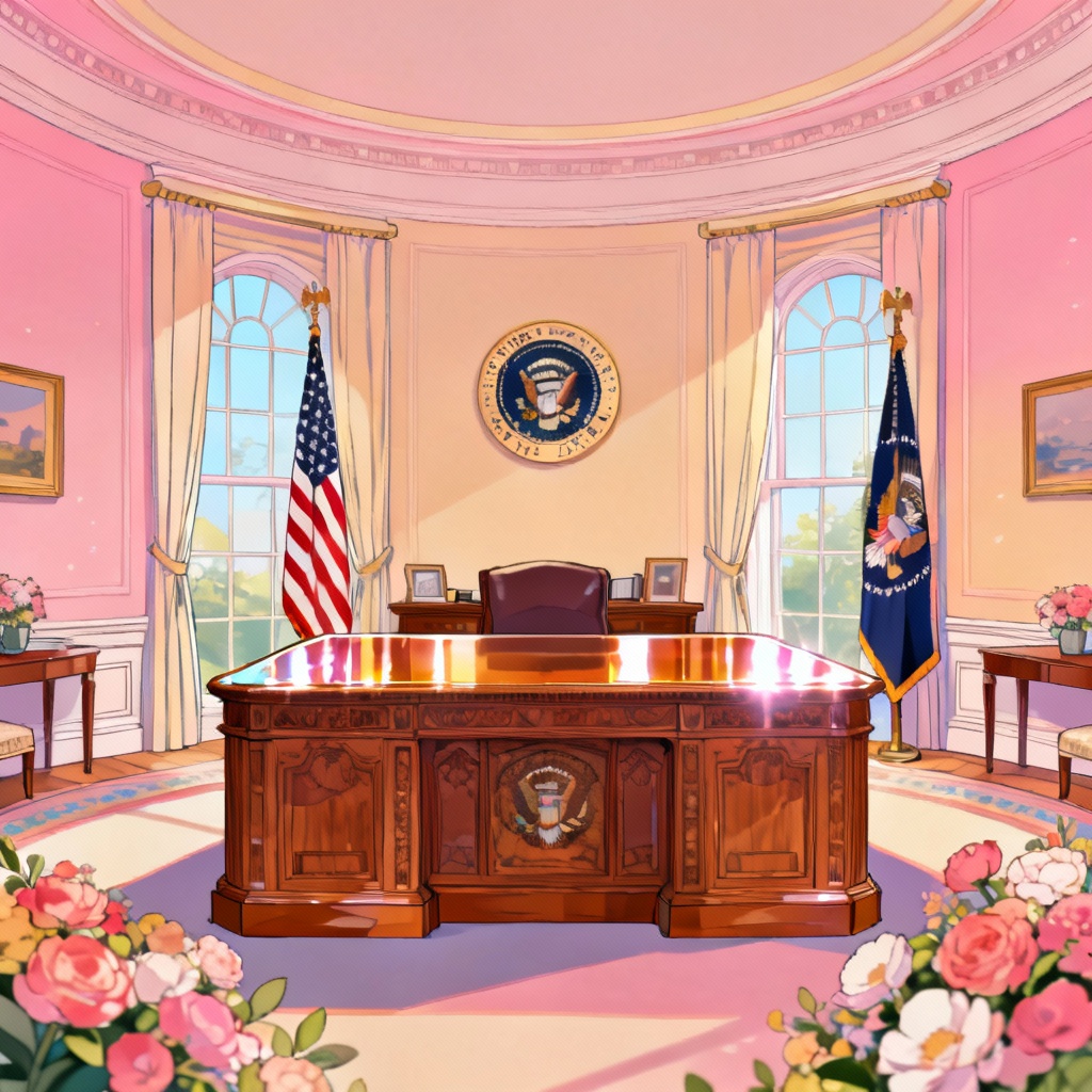 Stylized anime Oval Office room with vibrant colors