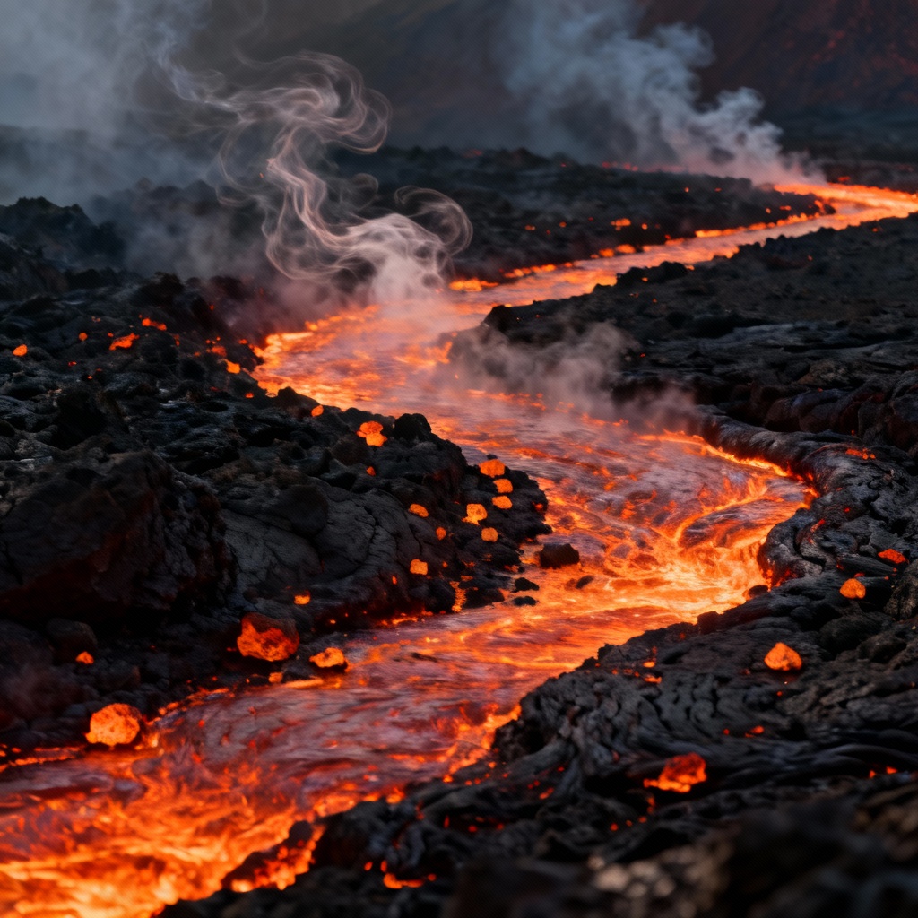 AI lava flow river over black rock with glowing embers