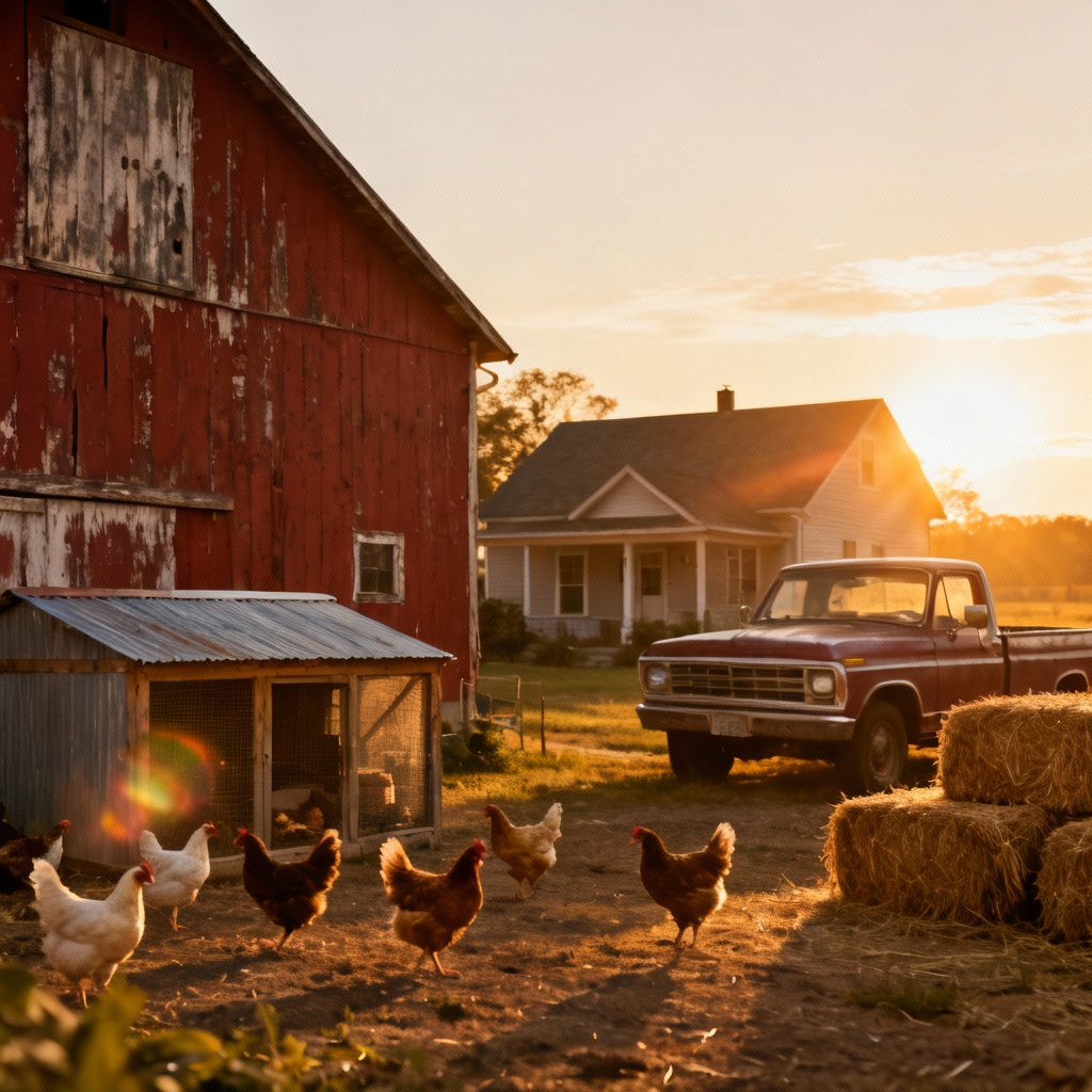 AI rustic red barn with chickens and vintage pickup