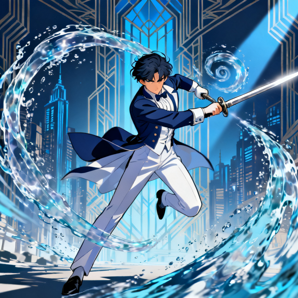 AI Genshin OC splash art of a Fontaine Hydro duelist