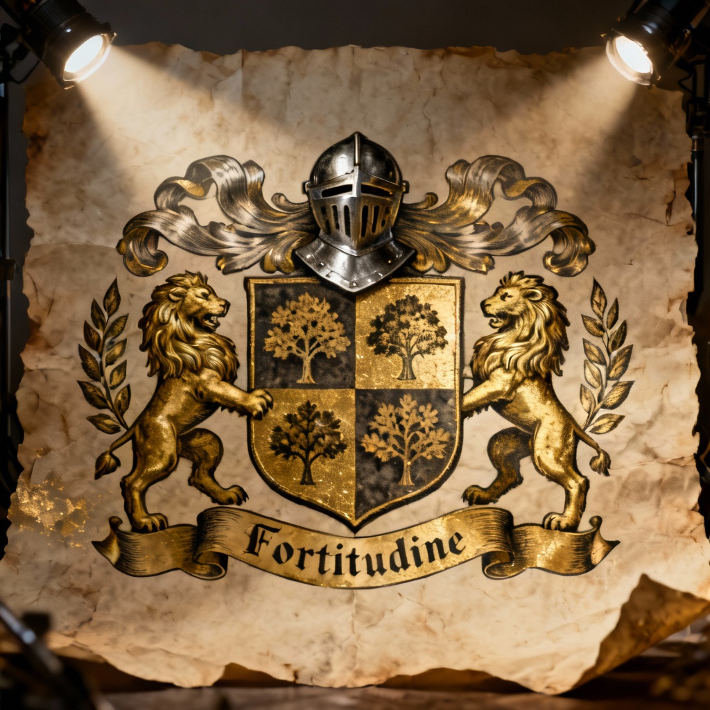 AI family crest with shield, helmet, mantling, laurel supporters, and motto scroll
