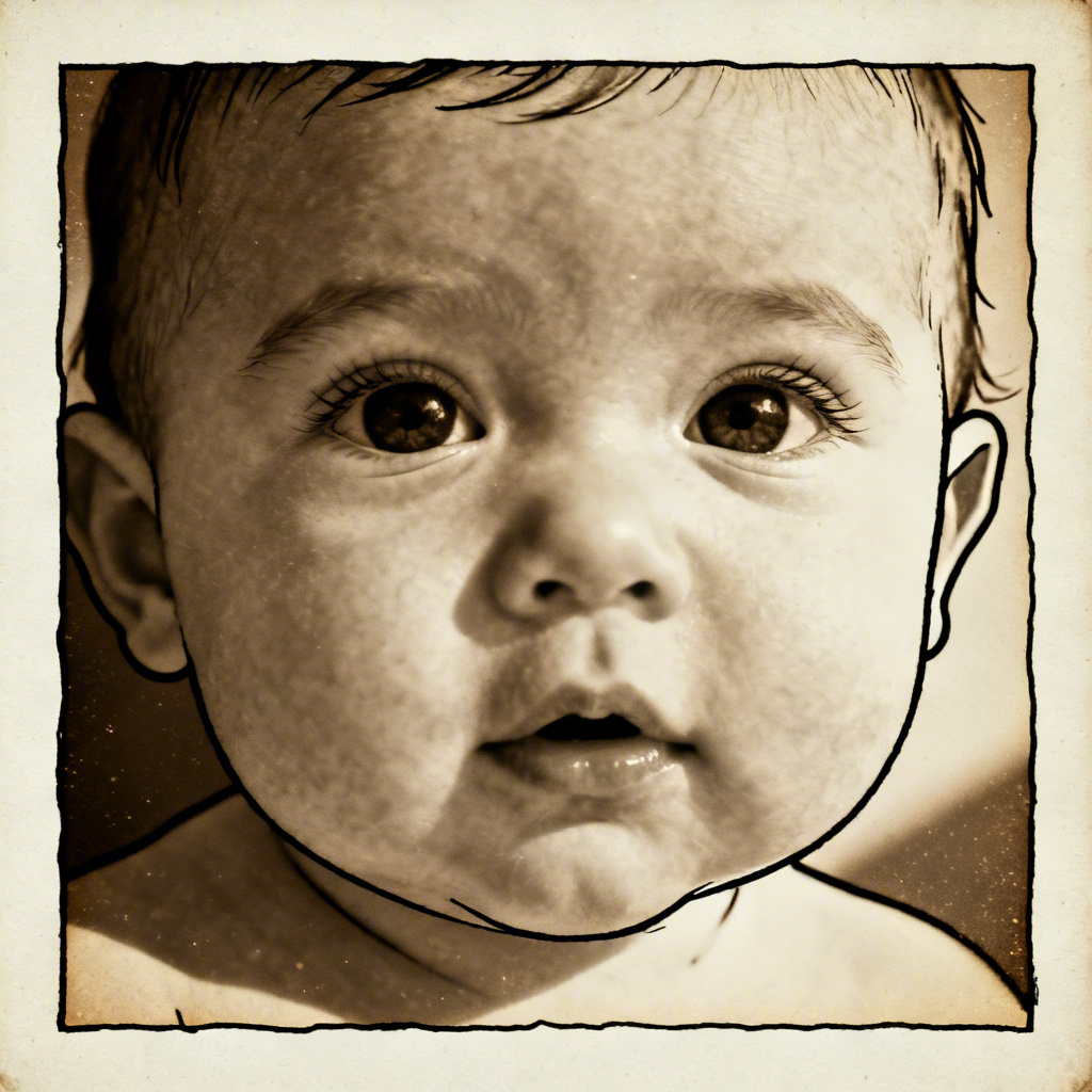 AI vintage film kirkified baby with grain and border