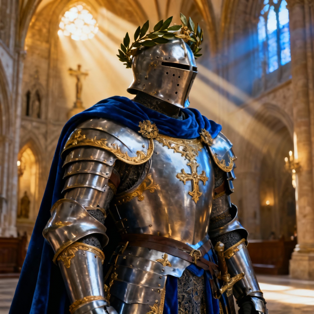 AI fantasy paladin coronation armor with cape and crown
