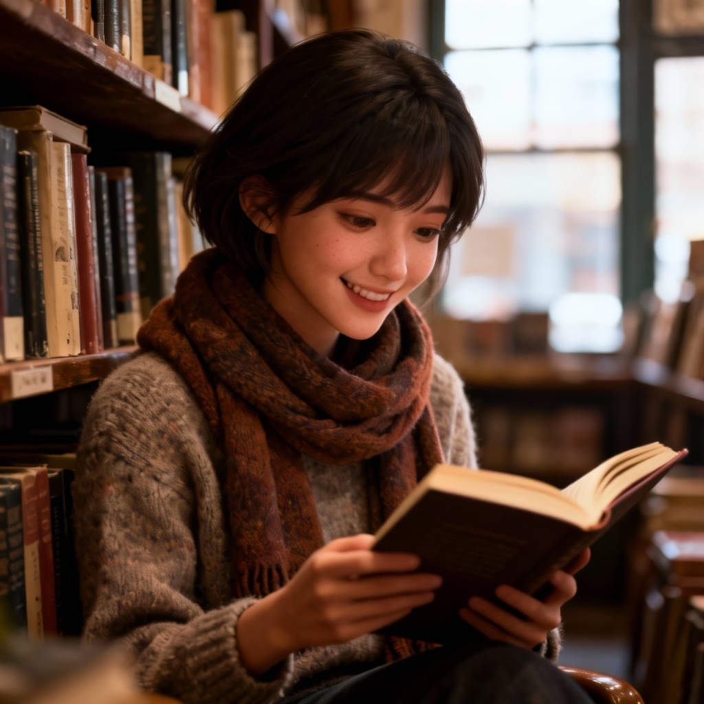 AI girlfriend reading in a cozy bookshop