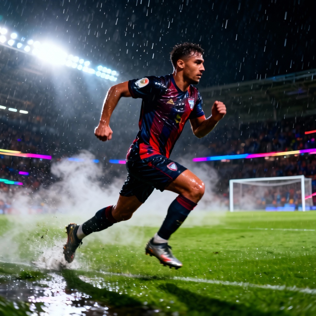 AI soccer generator hero image showing a dramatic striker in a rain-soaked stadium