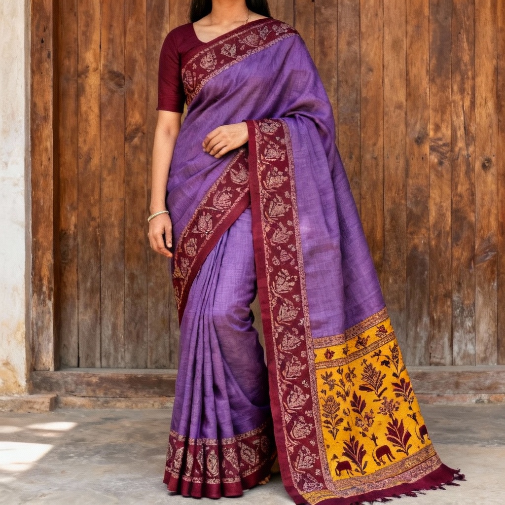 AI Violet Handloom Saree With Kalamkari Pallu