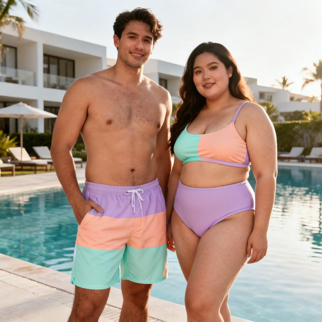 AI matching chubbie swim suits couples set in pastel colors