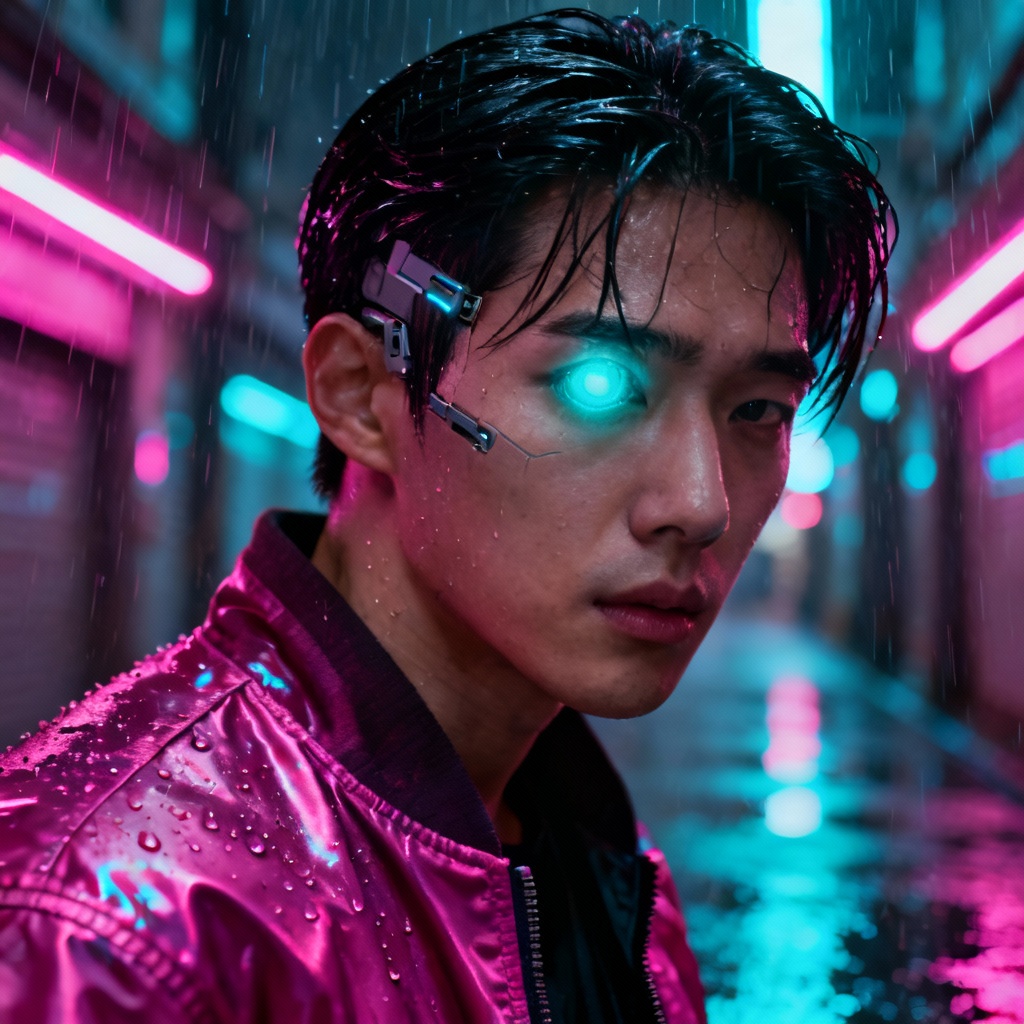 AI cyberpunk Korean male in futuristic Seoul