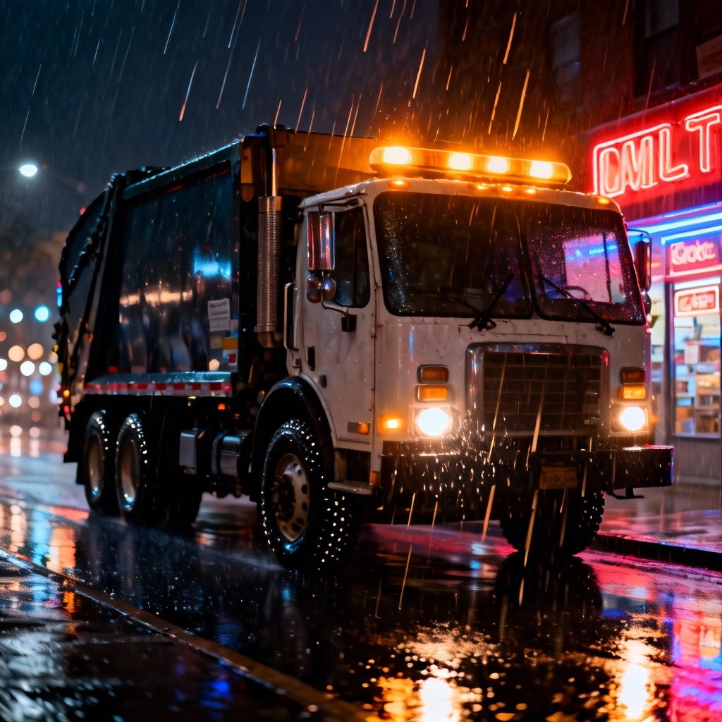 AI garbage truck on rainy night route with beacons