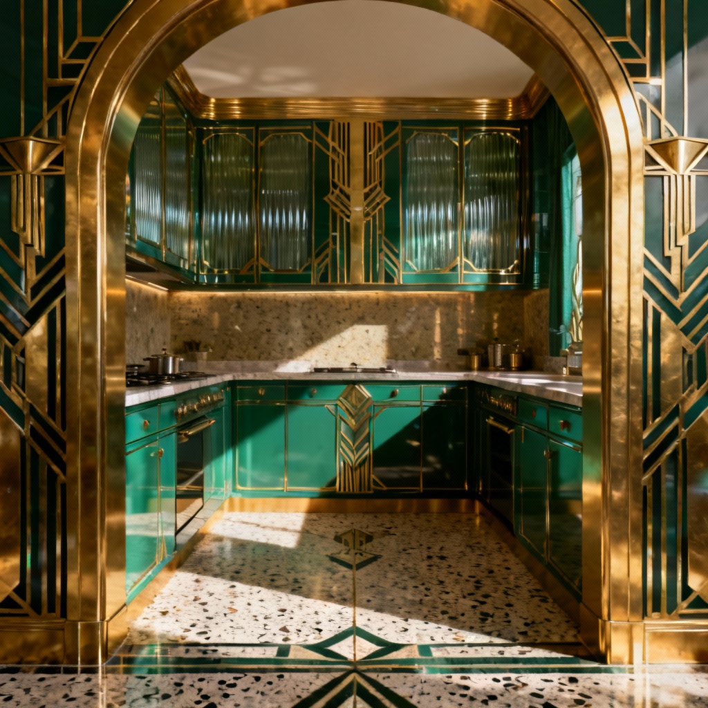 AI art deco vintage galley kitchen with emerald cabinets and brass details