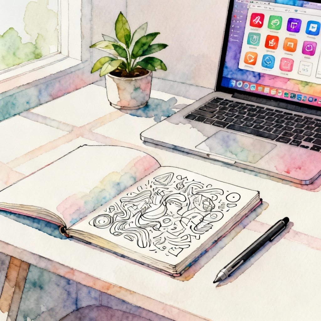 AI Illustration Generator hero artwork showing creative studio desk scene