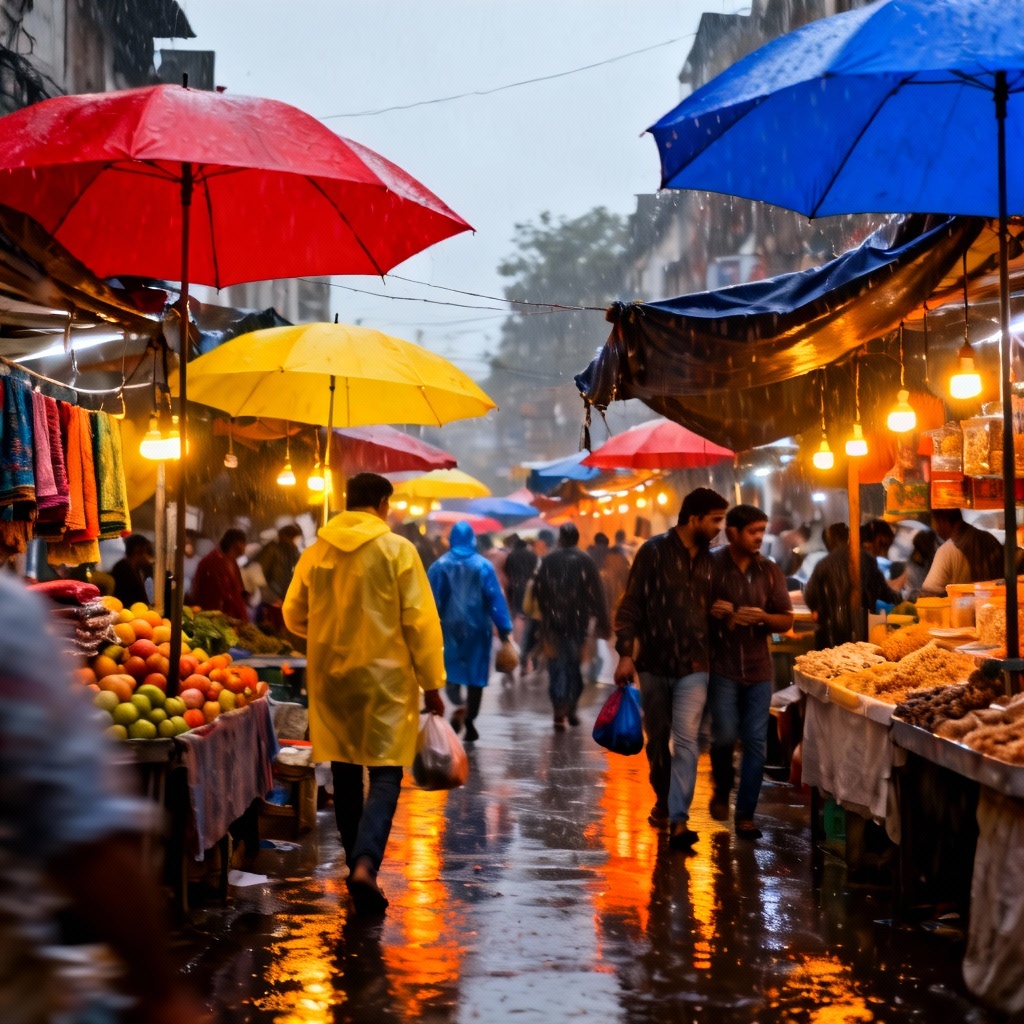 Rainy street market with umbrellas and lights