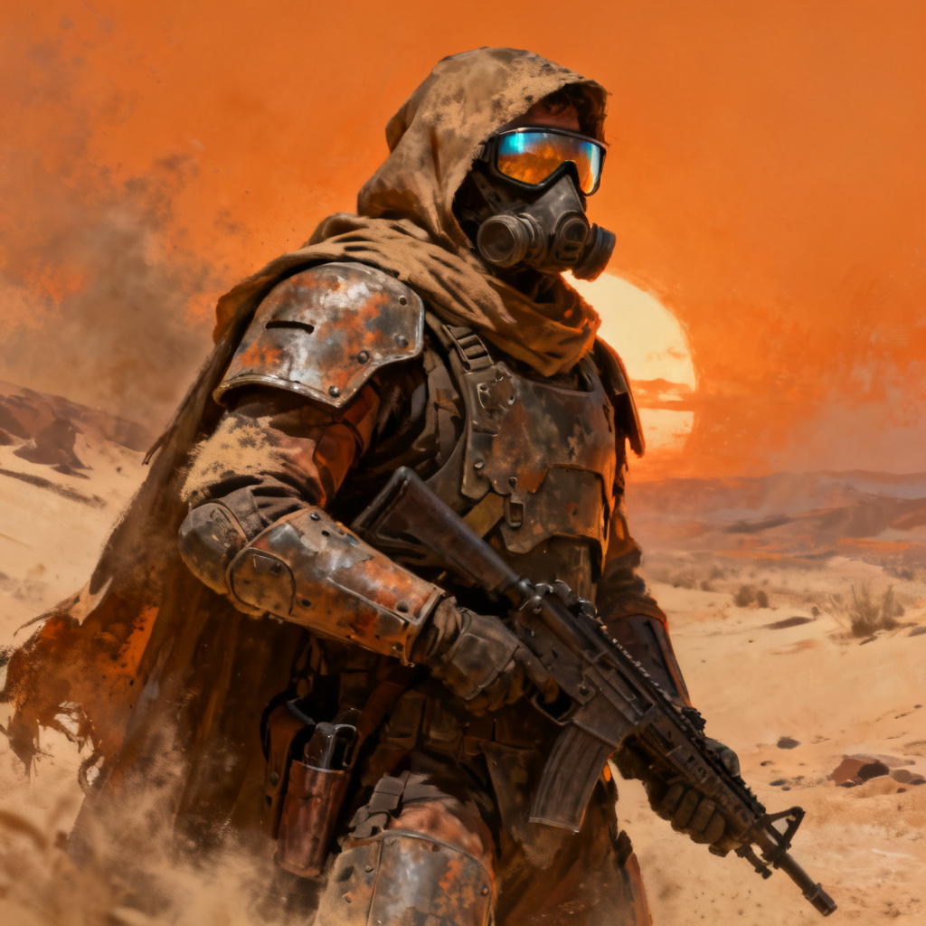 AI desert ranger game character concept in dust cloak
