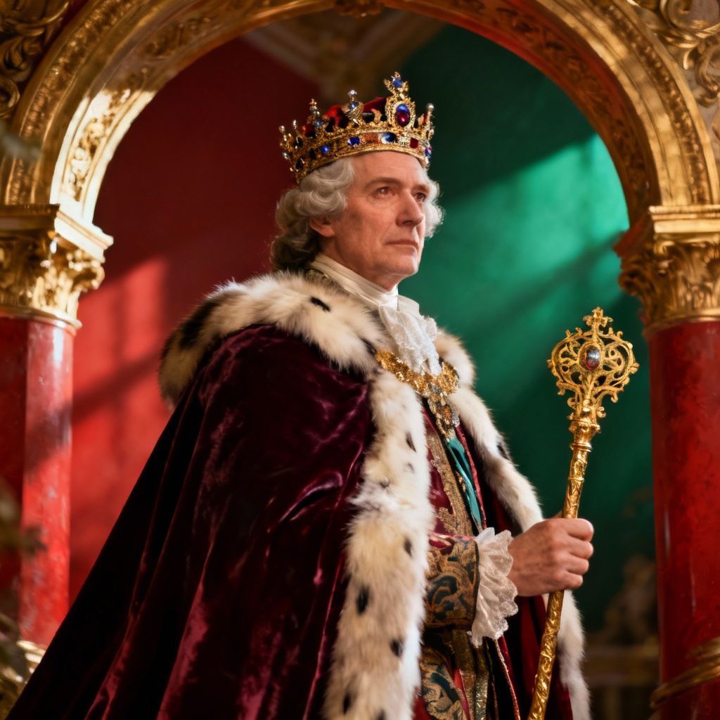 AI-generated royal coronation portrait with crown and velvet cloak