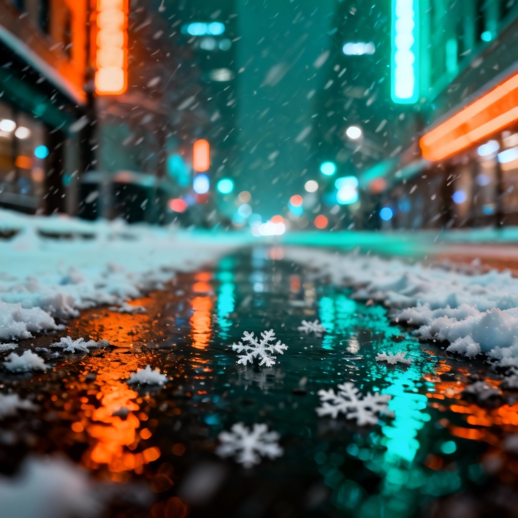 City at night with AI snow effect and bokeh