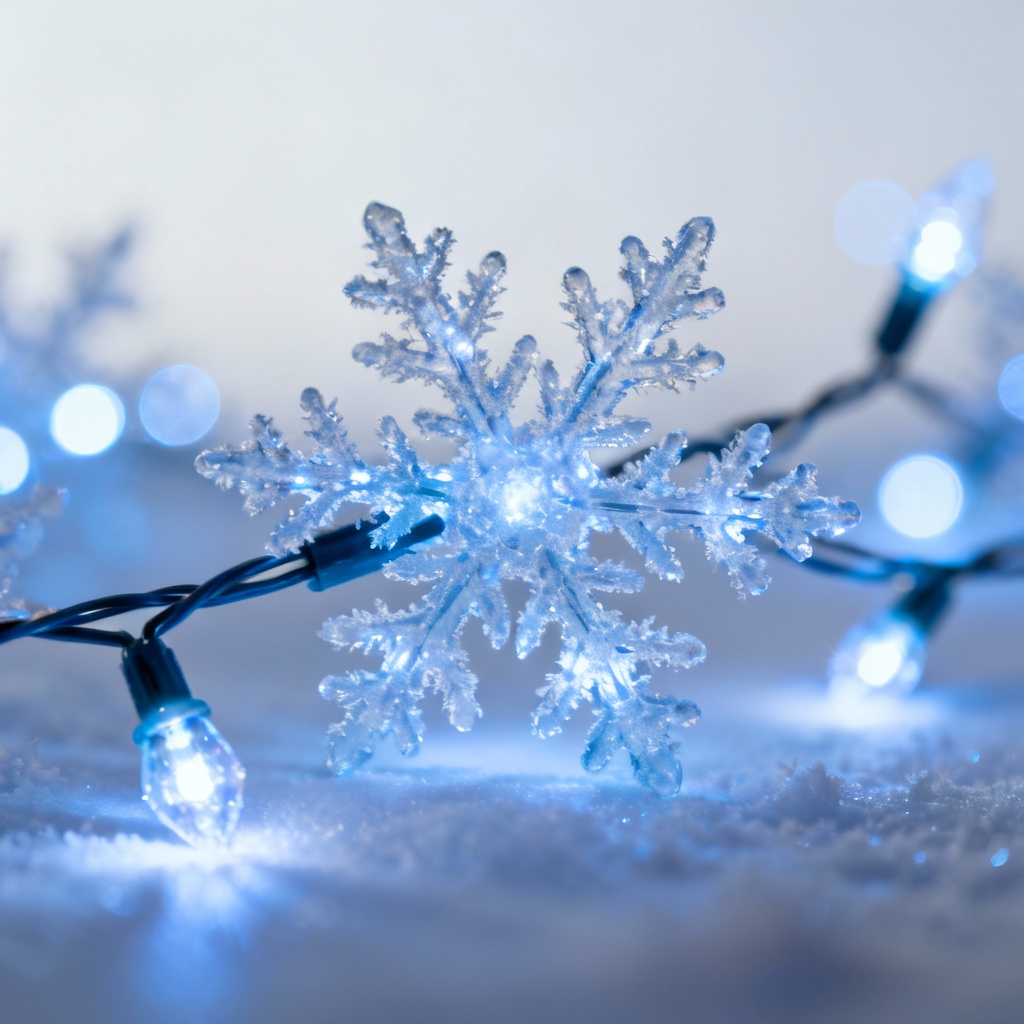 AI frozen blue fairy lights background with snowflake bokeh