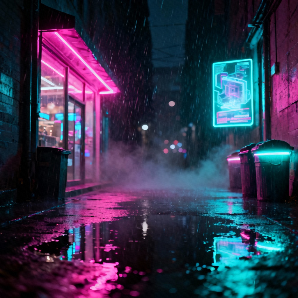 AI neon rainy cityscape with wet streets