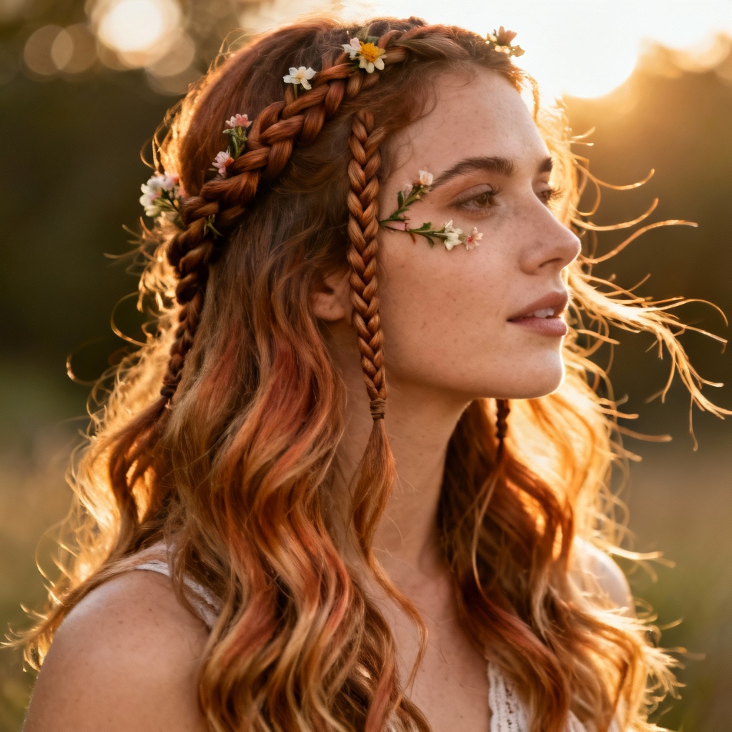 AI boho half-up hairstyle with braids and waves
