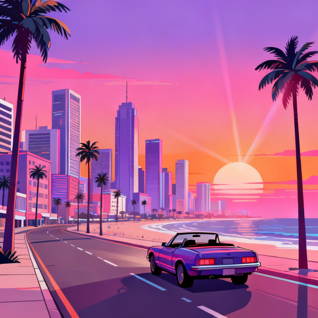 AI GTA-style coastal sunset cityscape with palm-lined boulevard