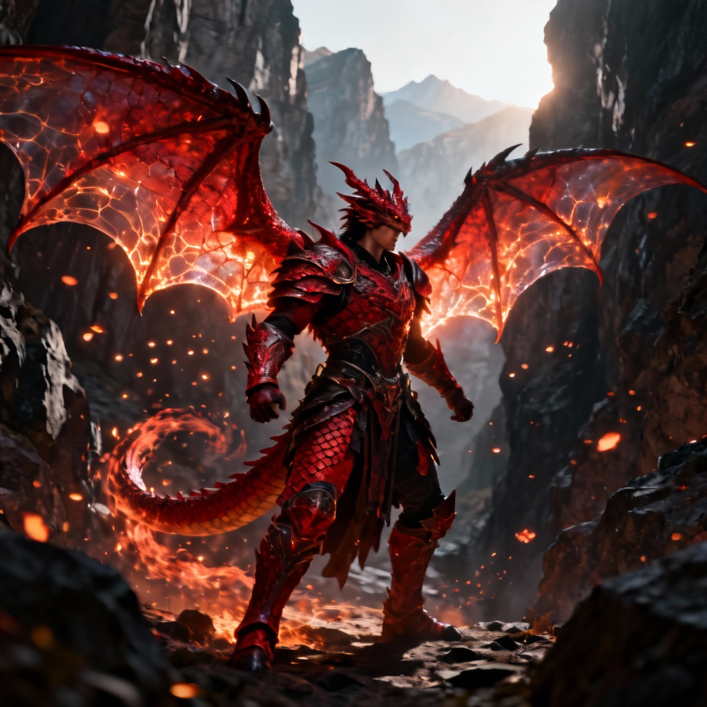 AI fantasy character with crimson dragon wings